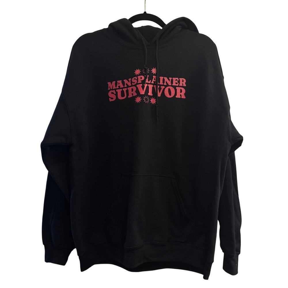 Gildan Women’s “Mansplainer Survivor” Hoodie Sz L – Feminist Graphic Sweatshirt